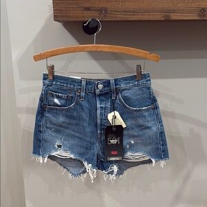 Levi's Blue High-Waisted Distressed Jean Shorts